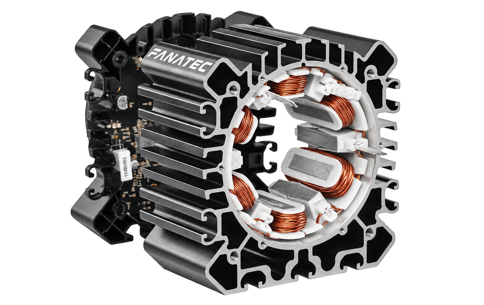 Cutaway view of the Fanatec wheel base showing the Direct Drive motor and electronics